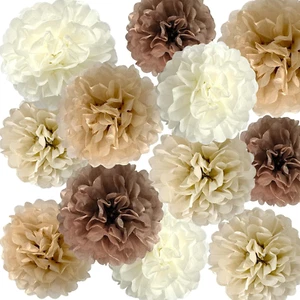 Brown Tissue Paper Pom Poms Khaki Caramel Party Decorations Ivory Beige Cream Ea - Picture 1 of 12