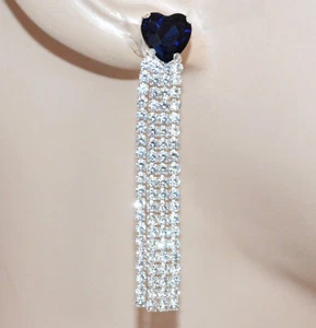 Orecchini donna a clips argento cristallo cuore blu fili strass pendenti UX58 - Foto 1 di 2