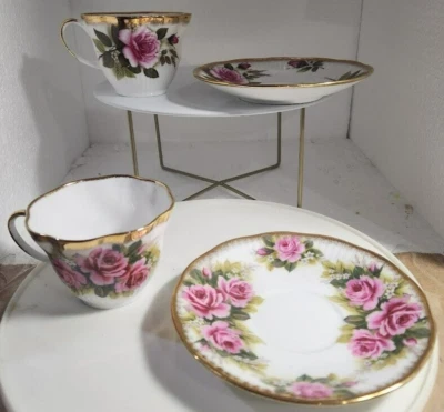 2 juegos de tazas y platillos de té Rosina Pink Roses de colección Bone China England TÉ PARA 2 Foto 1 de 4