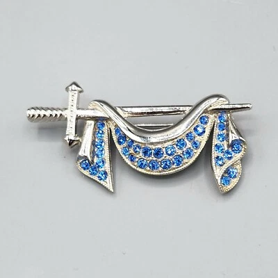 Retro Ora Signed Sword Swag Drape Figural Blue Rhinestone Rhodium Plate Brooch - Image 1 of 4