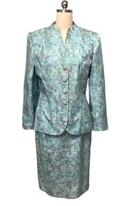 Anne Crimmins Umi Collections Skirt Suit 100% Silk Aqua Pink Career Women’s Sz 6 - Picture 1 of 13