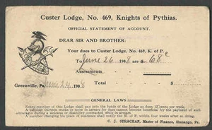 1908 PC GREENVILLE PA CUSTER LODGE #469 KNIGHTS OF PYTHIAS DUES NOTICE - Picture 1 of 1