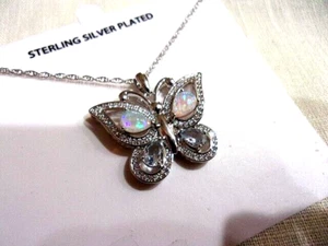 Sterling Silver Plated Butterfly Pendant Necklace- Simulated Opal/Blue Topaz- NK - Picture 1 of 6