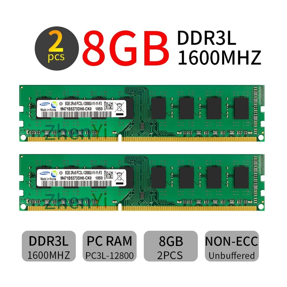 Samsung 16GB Kit 2x 8GB DDR3L 1600MHz 1.35V PC3L-12800U DIMM Desktop Memory RAM - Image 1 of 4
