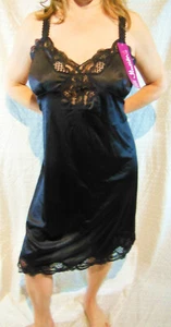 ILLUSION SEXY PLUS SIZE BLACK SATINY SLIPPERY NYLON LACY FULL SLIP 50 NWT - Picture 1 of 5