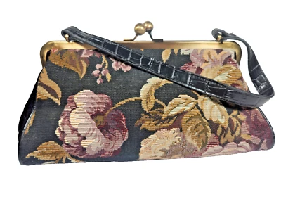 Vintage Bueno Tapestry Carpet Bag Handbag/Coin Purse Black Floral Brass Kisslock - Image 1 of 4
