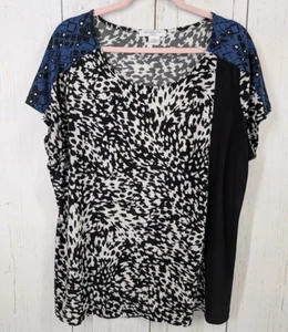 Liz Claiborne Größe 2X schwarz weiß blau Muster Kurzarm Damen Bluse - Bild 1 von 8