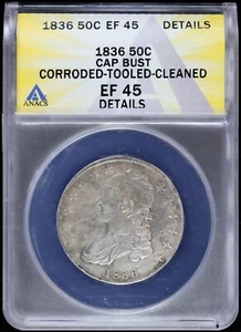 1836 Capped Bust Silver Half 1/2 Dollar 50c ANACS EF 45 Details (XF, Extra Fine) - Picture 1 of 4