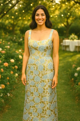 Maxi Vestido Metálico Elegante Colección Talla 18 Azul Dorado Floral Tela Elevada Foto 1 de 4