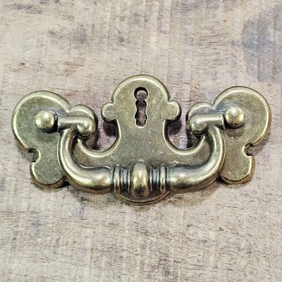 Antique Early American Polished Brass Keyhole Drawer Pulls 3" Hole Width 4.25" L - Image 1 of 4