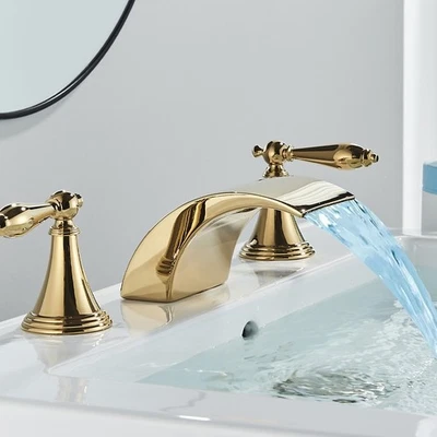 TOPSHOWER Gold Waterfall 3 Hole 2 Handle Bathroom Sink Faucet LED Basin Vanity Mixer Tap