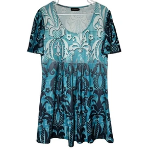 Reborn Dress Womens 1X Blue Damask Print Short Sleeve Pullover Summer Party - Picture 1 of 9