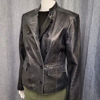 INC Intl Moto Jacket Leather Double Breasted Black Distressed VTG Women's S - Image 1 of 4