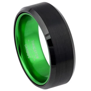 8mm Black Tungsten Ring Brushed Beveled Edge Green Sleeve Men's Wedding Band - Picture 1 of 3