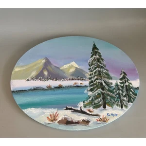 Vintage Original Gemälde Winterszene Landschaft oval ungerahmt 14x11 Schnee, See - Bild 1 von 6