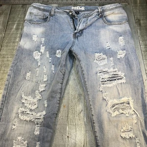 Pantalones de mezclilla PREME para hombre 34x33 desgastados rasgados calce ajustado lavado ligero ropa de calle denim - Imagen 1 de 4