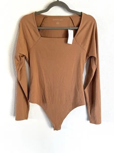 Neu mit Etikett American Eagle gerippter Langarm-Tanga-Body braun Größe lang - Bild 1 von 8