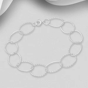 Brazalete de cadena de eslabón ovalado de plata esterlina 925 ancho martillado para mujeres niñas geométrico - Imagen 1 de 2