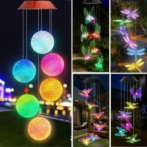 Solar Wind Chimes Lights LED Color Changing Hanging Hummingbird Ball Garden Lamp - Picture 1 of 36
