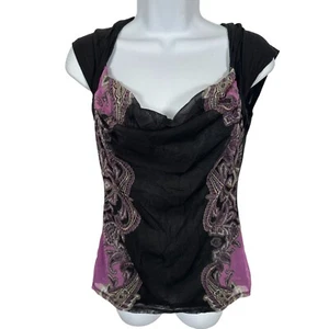 Top vintage INC medio donna Y2K anni 90 nero viola elasticizzato sexy donna capriccioso - Foto 1 di 9