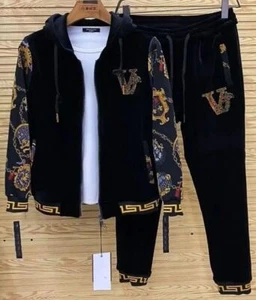 Neu Herren Luxus Strass Samt Mode Set Hoodie & Hose Anzug Hochwertig - Bild 1 von 12