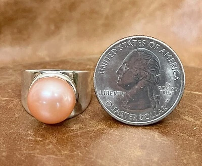 全新无标签 Honora 925 12.5 毫米养殖淡水瓜纽扣珍珠戒指 尺寸 6 — 第 1/4 张图片