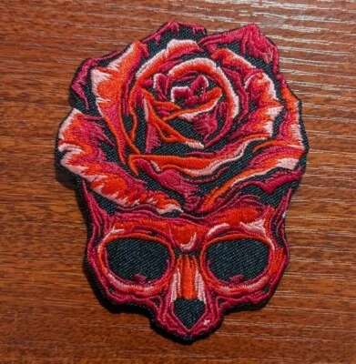 Red Rose in Red Skull Vase 3.5x2.5" Goth Patch Punk Embroidered Iron On Patch