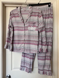 Victoria Secret Woman’s PJ Set Long Sleeve Button Down Pink Gray - Picture 1 of 12