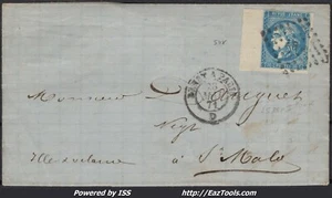 FRANCE N°45B EN BDF SUR LETTRE AMBULANT DE NUIT BP BREST A PARIS DU 28/05/1871 - Picture 1 of 2