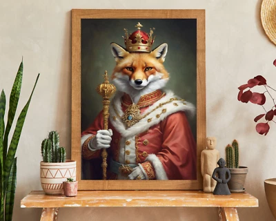 Fox King Portrait, Fox Portrait Printable King Themed Wall Art, Vintage Style Foto 1 de 3