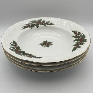 Set of 4 Vintage Royal Kent Collection Holiday Holly Rimmed 8” Soup Bowls Poland - Picture 1 of 11