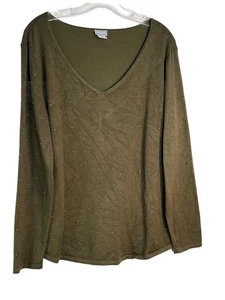 Chicos Olive Green Studded Rhinestone V Neck Top Blouse sz 2 / L (15 - Picture 1 of 7