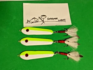 3 - 2 oz Slab Lead Fishing Casting Spoons Lures white  Chartreuse  willow blade - Picture 1 of 6