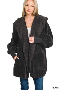 Zenana Hooded Faux Fur Jacket with Pockets - Picture 1 of 4