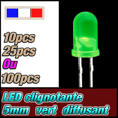 436D# LED 5mm Clignotante Vert Diffusant Ronde - Dispo 10, 25 Ou 100pcs - • 1.87€