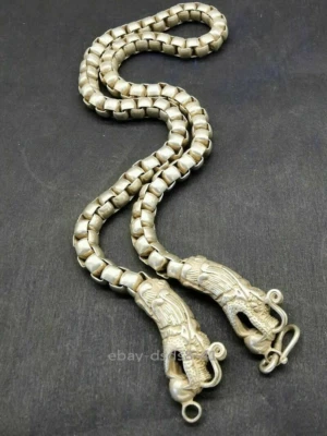 Collar Cabeza de Dragón Doble Tallado a Mano Plata Tíbet Chino Antiguo 62cm Foto 1 de 4
