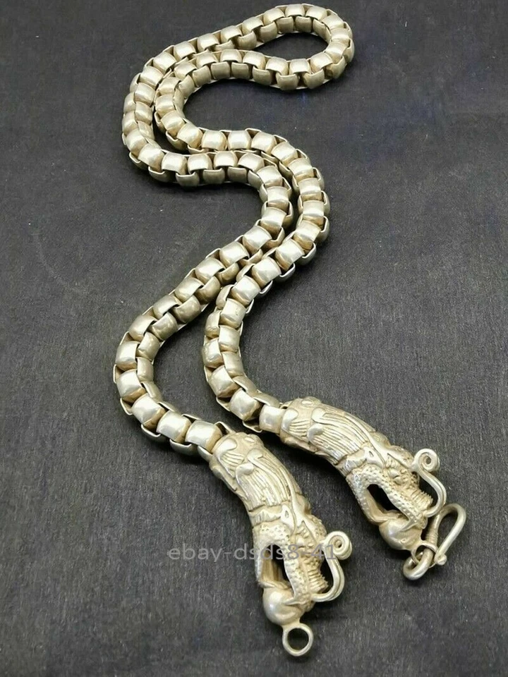 Collar Cabeza de Dragón Doble Tallado a Mano Plata Tíbet Chino Antiguo 62cm Foto 1 de 4