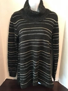 BASIC EDITIONS Women's Black Silver Gold Striped Holiday Turtleneck Sweater NEW - Picture 1 of 3