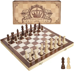 15 Inches Magnetic Wooden Chess Set - 2 Extra Queens - Folding Board - Pieces St - Picture 1 of 7