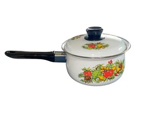 VTG 70s Enamel Coated Mushrooms Veggies Tomatoes Sauce Pan W/lid Retro Funky 1.5 - Picture 1 of 5