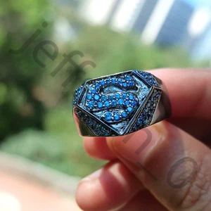 1.20 Ctw Lab Created Blue Topaz 14K Black Gold Over S Letter Men's Ring - Picture 1 of 8