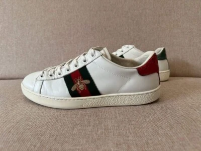 Gucci Ace Zapatilla Bordada Abejas Cuero Blanco Dorado Mujer Talla 35 Parte Superior Baja Foto 1 de 4