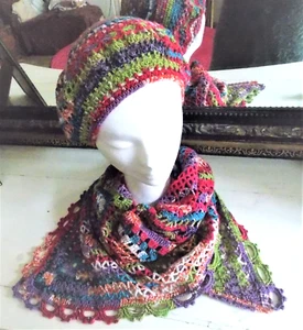 CHALE ENSEMBLE AVEC BERET CROCHET MAIN CREATION S.RAISONNIER MULTICOLORE - Picture 1 of 7