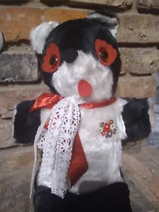 Plush Carnival Bear Genie Toys, Inc. Stuffed Bear Black White. Floral brooch - Picture 1 of 9