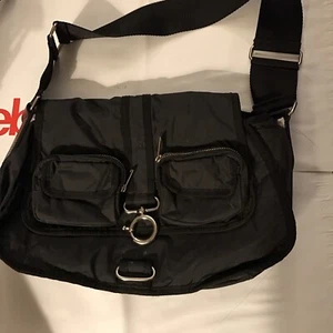 Banana Republic Shoulder Bag Purse Women Black Nylon Leather Strap Pockets Y2K  - Picture 1 of 2