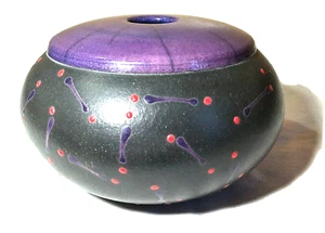 Studio Art Pottery Ikebana Vase Black Purple Signed Rob MacKay Round MCM - Picture 1 of 6