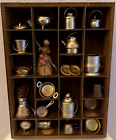 Vintage Shadow Box with Assorted Brass Miniature Pots and Pans 20 pieces