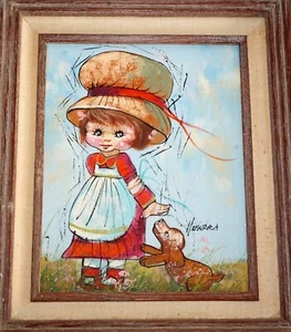 80er USA gerahmtes skurriles Ölgemälde auf Leinwand Mädchen Kind & Hund von Howard (GrK) - Bild 1 von 5