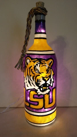 LSU Tigers Inspired Wine Bottle Lamp Hand Painted Lighted Stained Glass look Cover