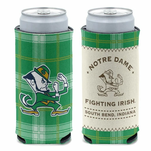 NOTRE DAME FIGHTING IRISH GREEN PLAID 12oz. SLIM CAN COOLER CAN HOLDER WINCRAFT Cover